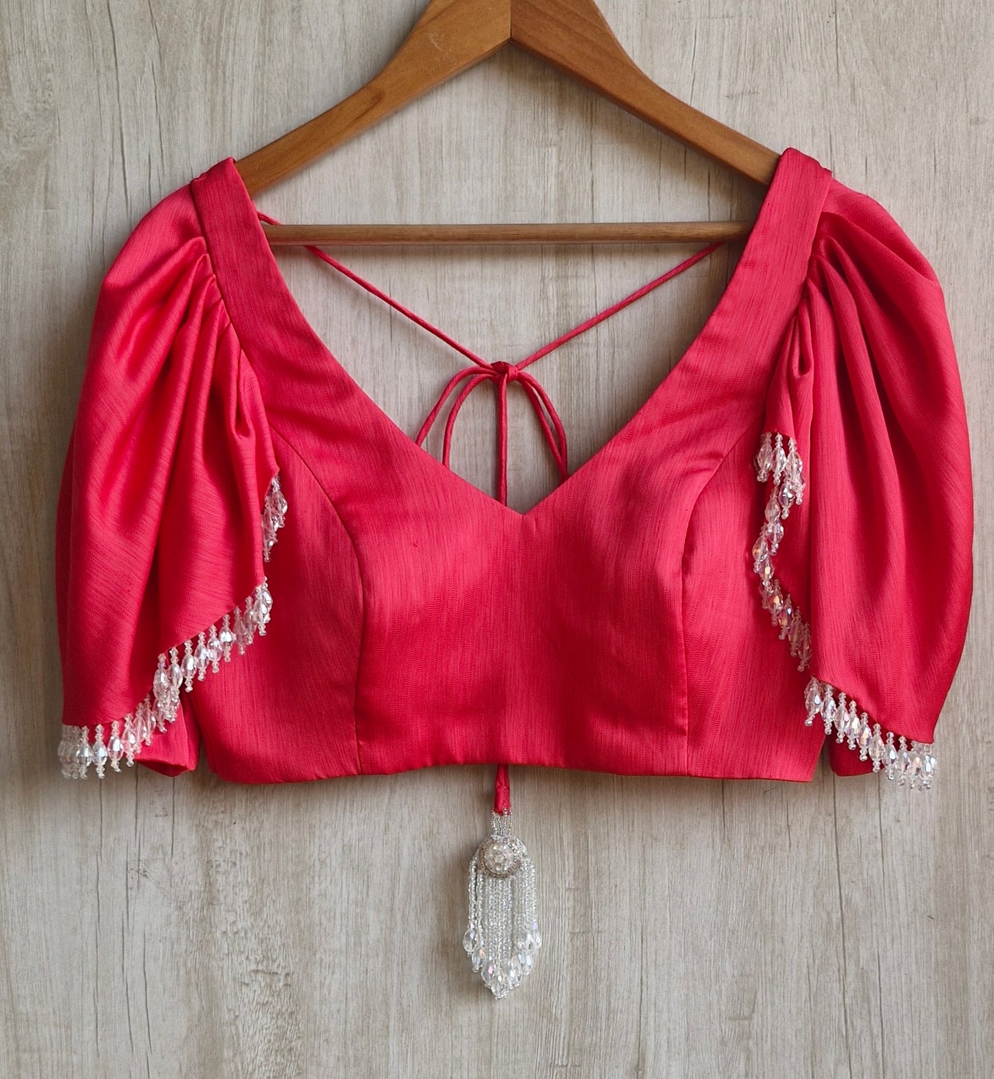 Pink Art Silk V Neck Ruffle Sleeves Blouse DVBL_468