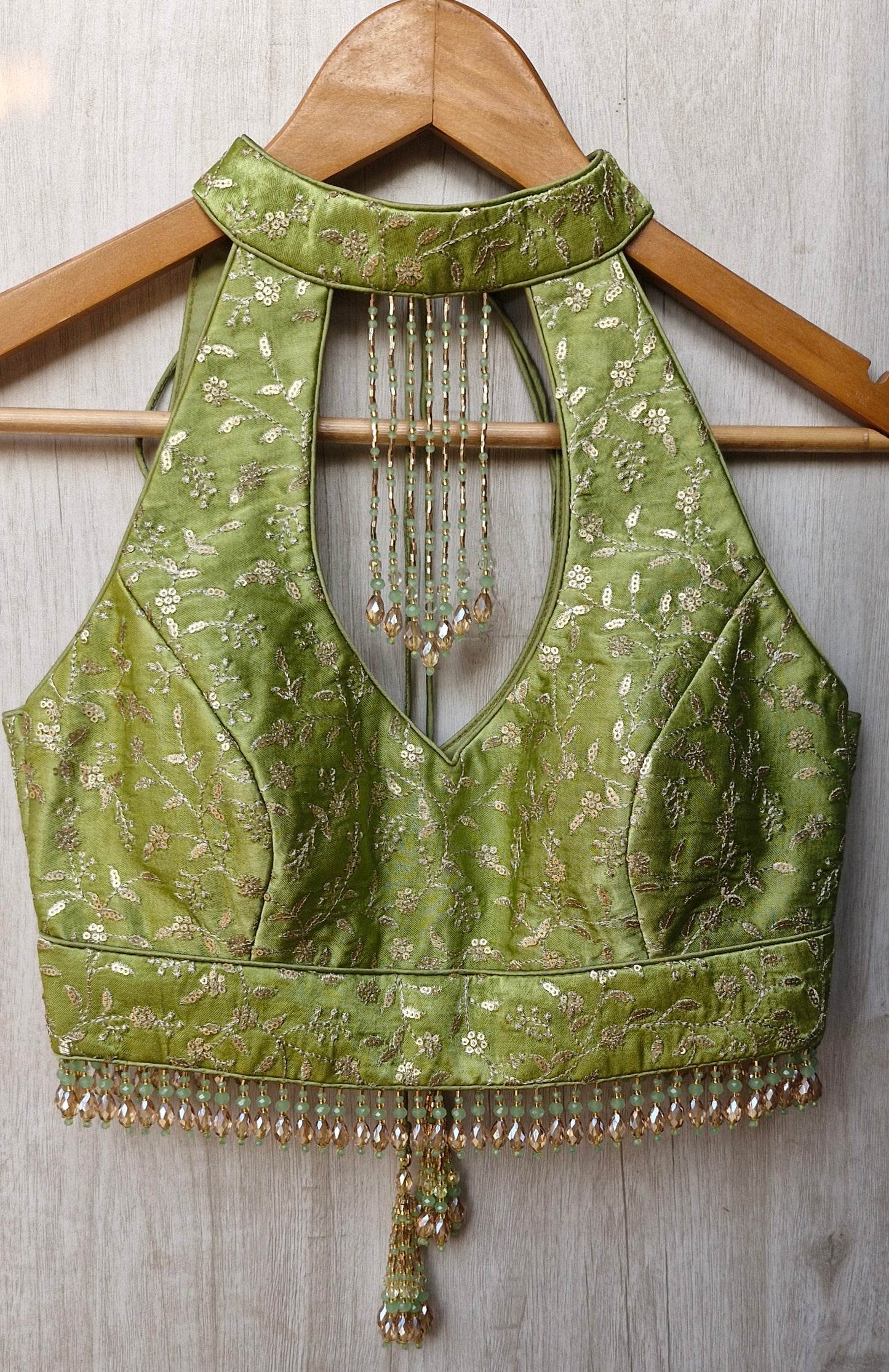 Green Embroidered Silk Halter Neck Blouse DVBL_467