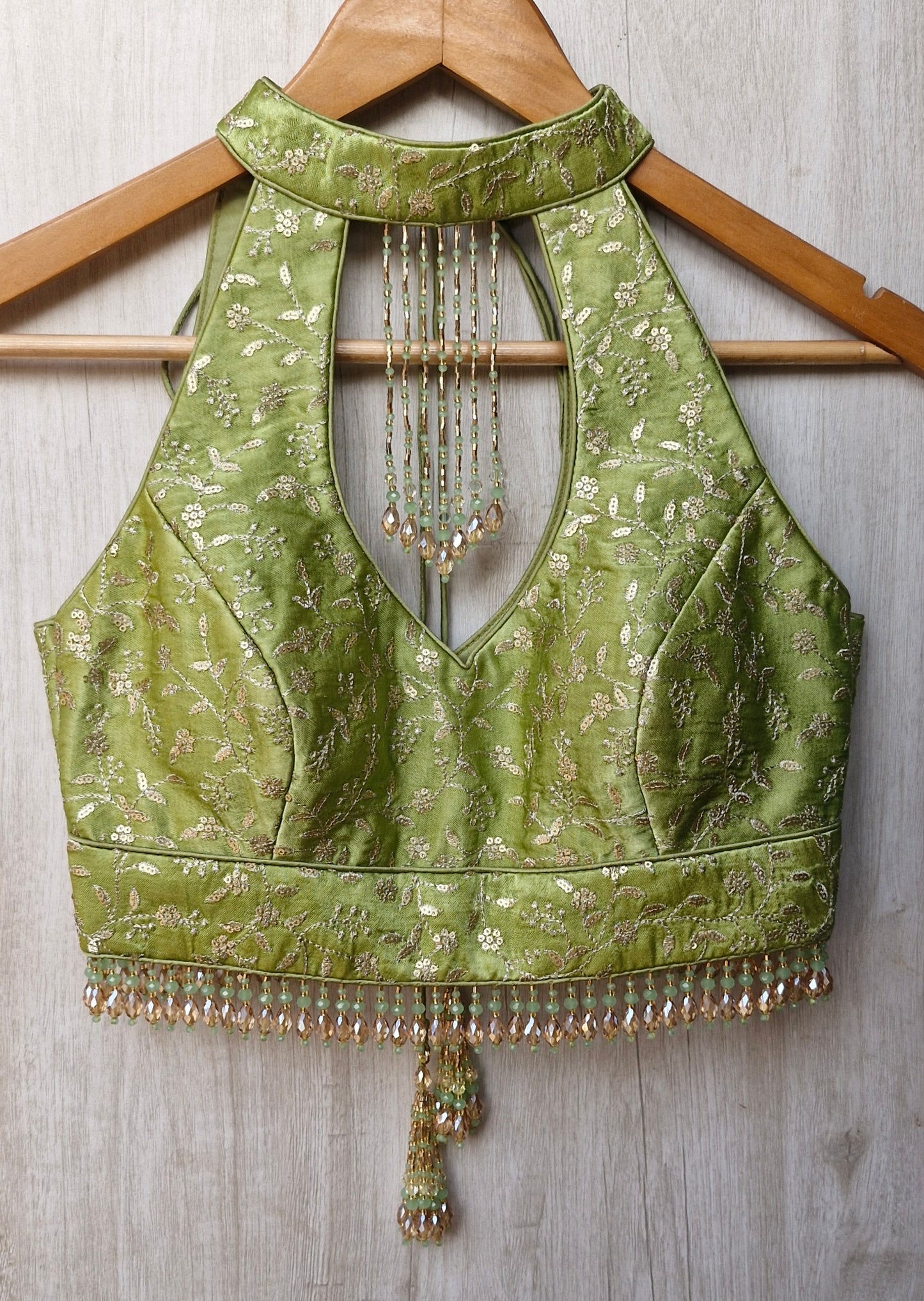 Green Embroidered Silk Halter Neck Blouse DVBL_467