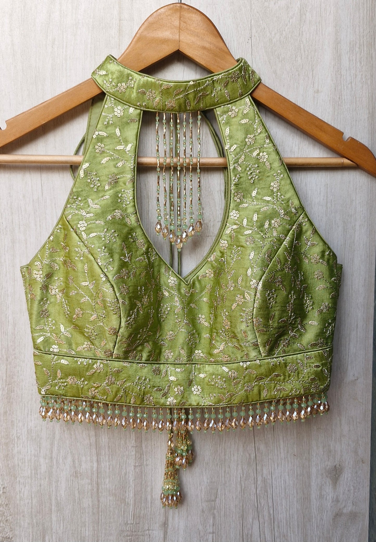 Green Embroidered Silk Halter Neck Blouse DVBL_467