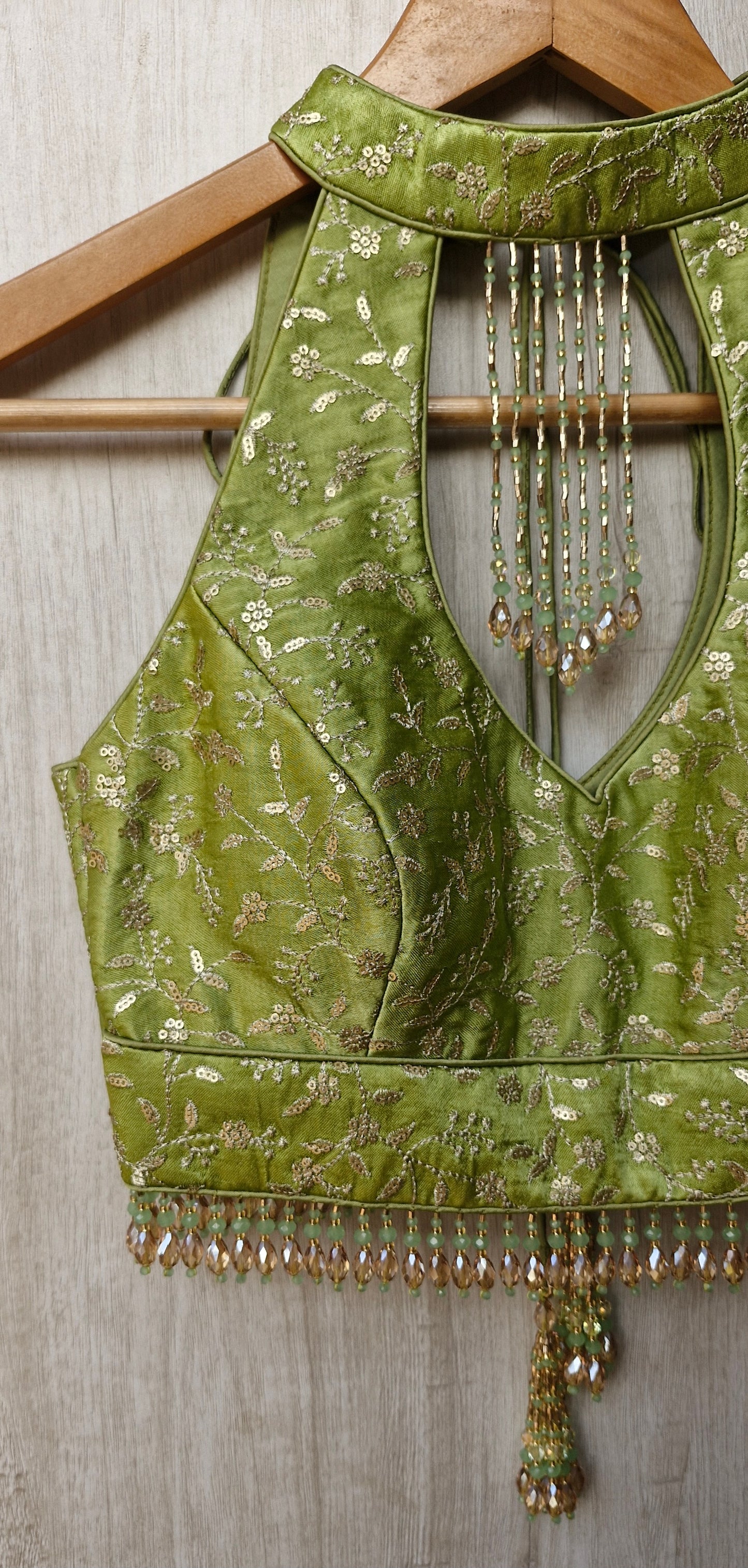 Green Embroidered Silk Halter Neck Blouse DVBL_467