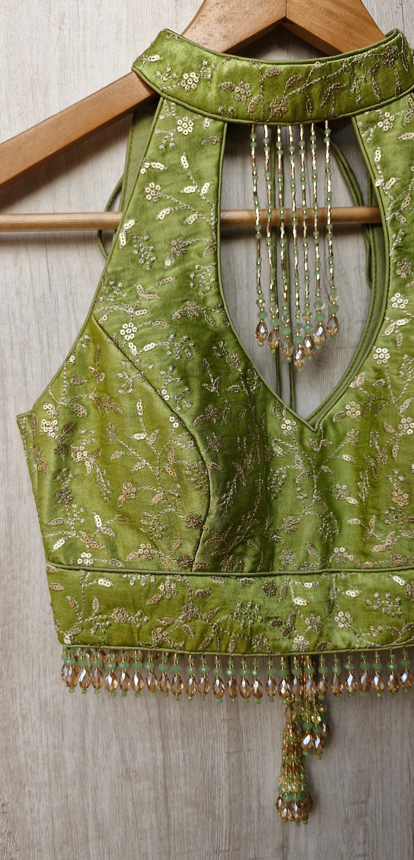 Green Embroidered Silk Halter Neck Blouse DVBL_467