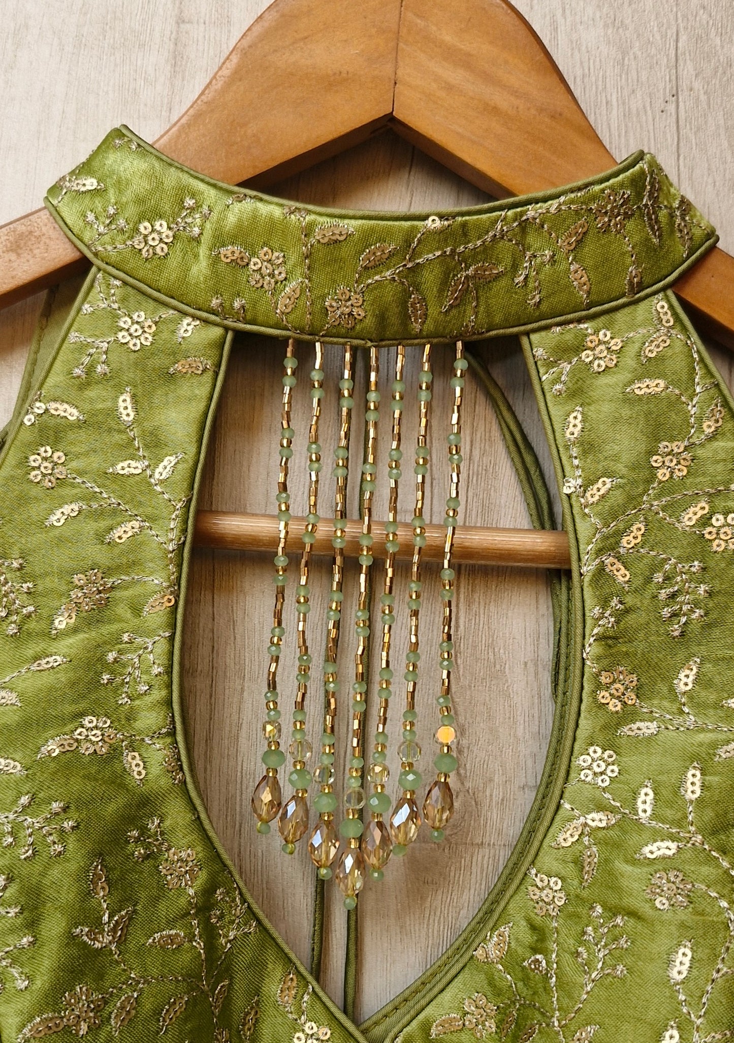 Green Embroidered Silk Halter Neck Blouse DVBL_467