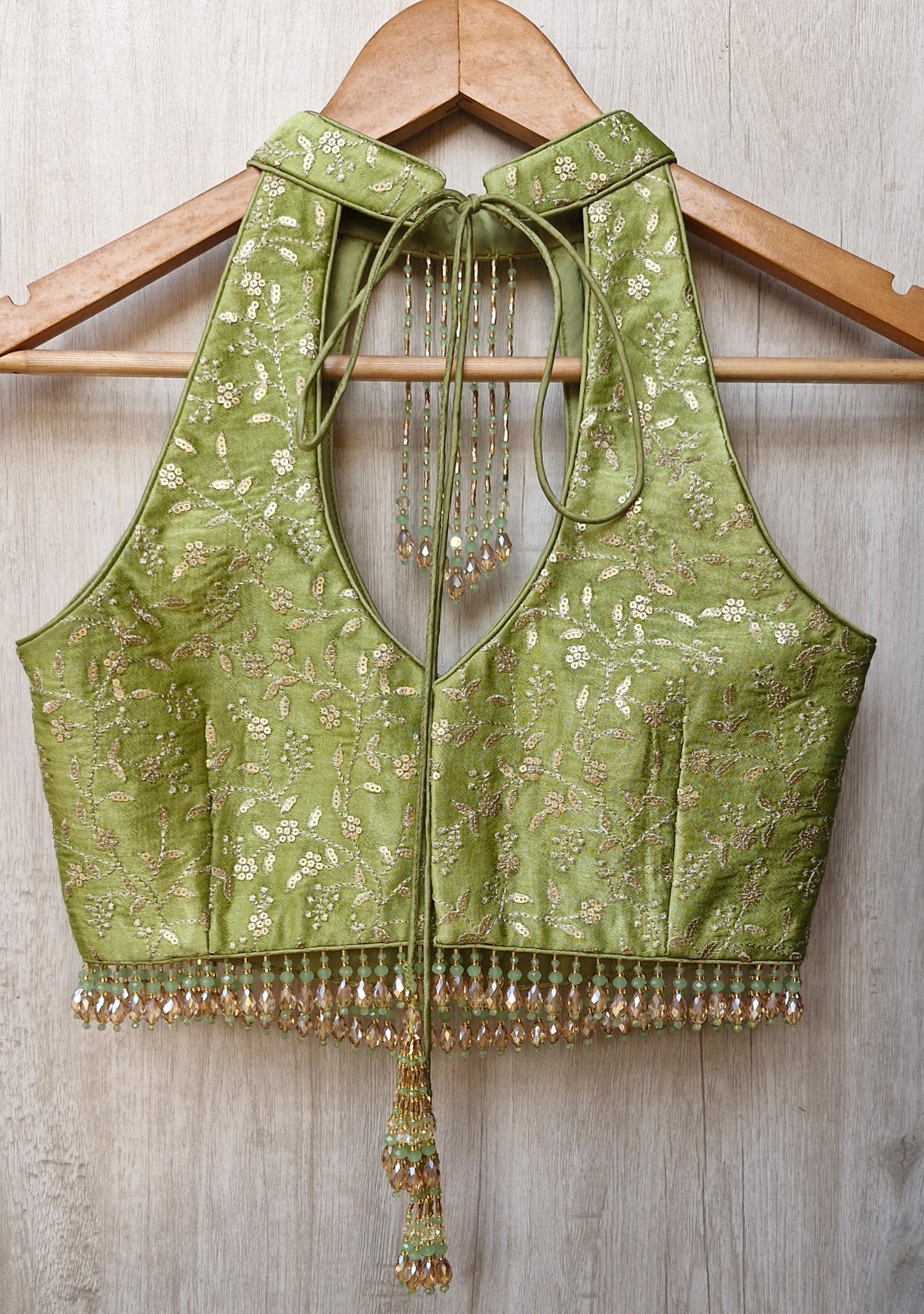 Green Embroidered Silk Halter Neck Blouse DVBL_467