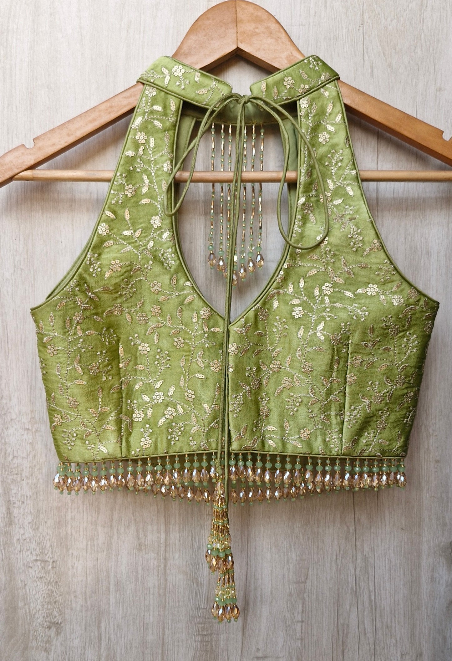 Green Embroidered Silk Halter Neck Blouse DVBL_467