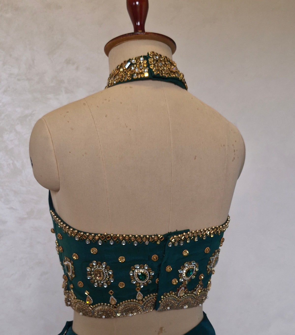 Green Hand Embroidered Bejeweled Blouse, Kundan Embellished, Halter Neck DVBL_531