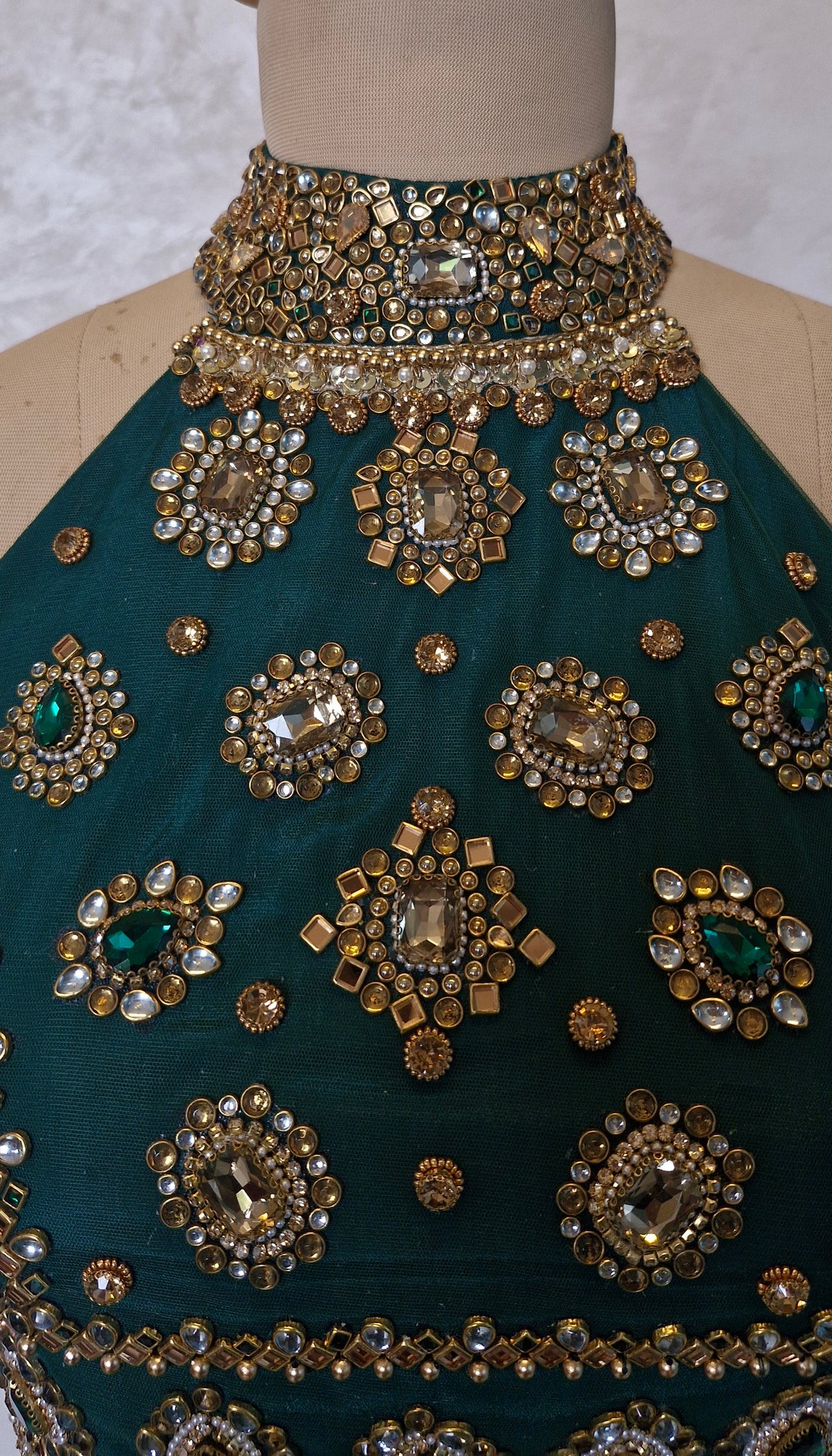 Green Hand Embroidered Bejeweled Blouse, Kundan Embellished, Halter Neck DVBL_531