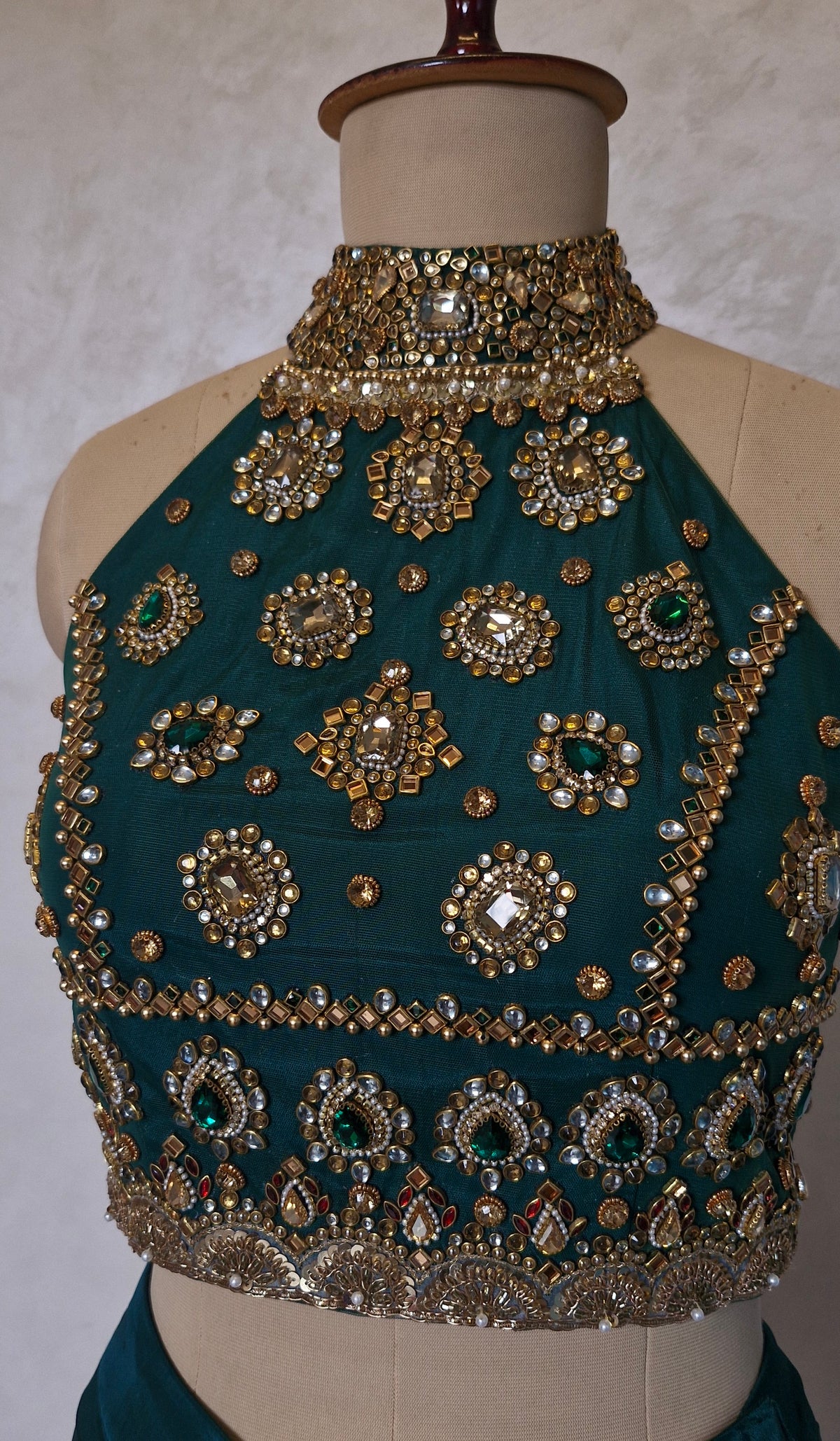 Green Hand Embroidered Bejeweled Blouse, Kundan Embellished, Halter Neck DVBL_531