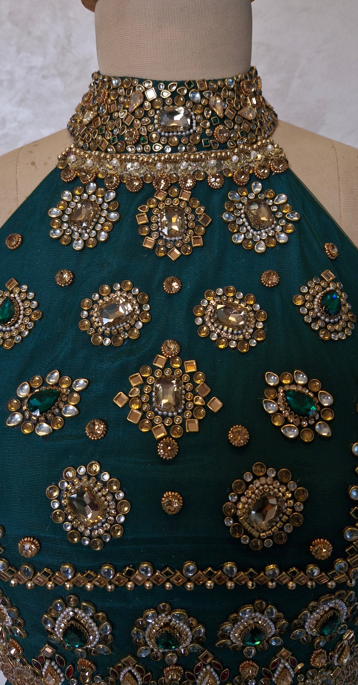 Green Hand Embroidered Bejeweled Blouse, Kundan Embellished, Halter Neck DVBL_531