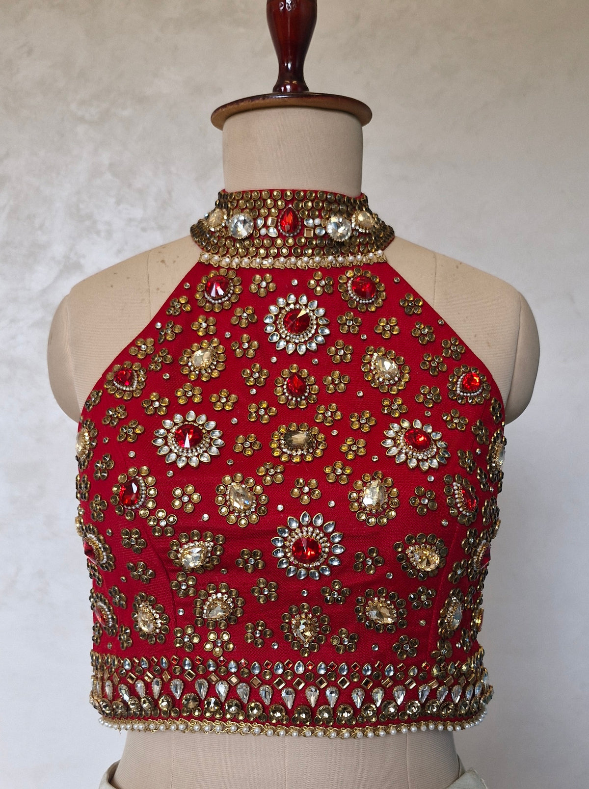 Red Hand Embroidered Bejeweled Blouse, Kundan Embellished, Halter Neck DVBL_532