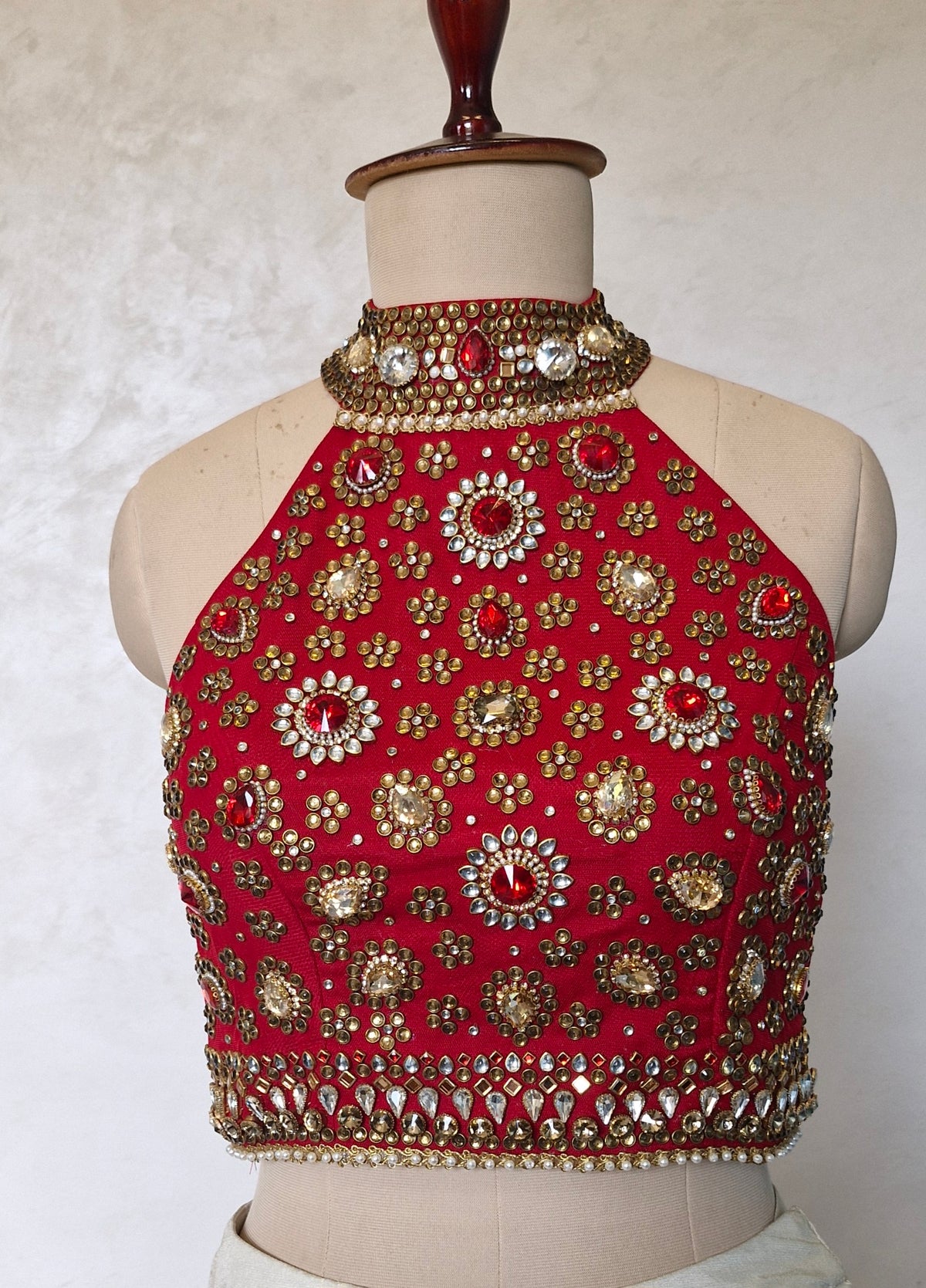 Red Hand Embroidered Bejeweled Blouse, Kundan Embellished, Halter Neck DVBL_532