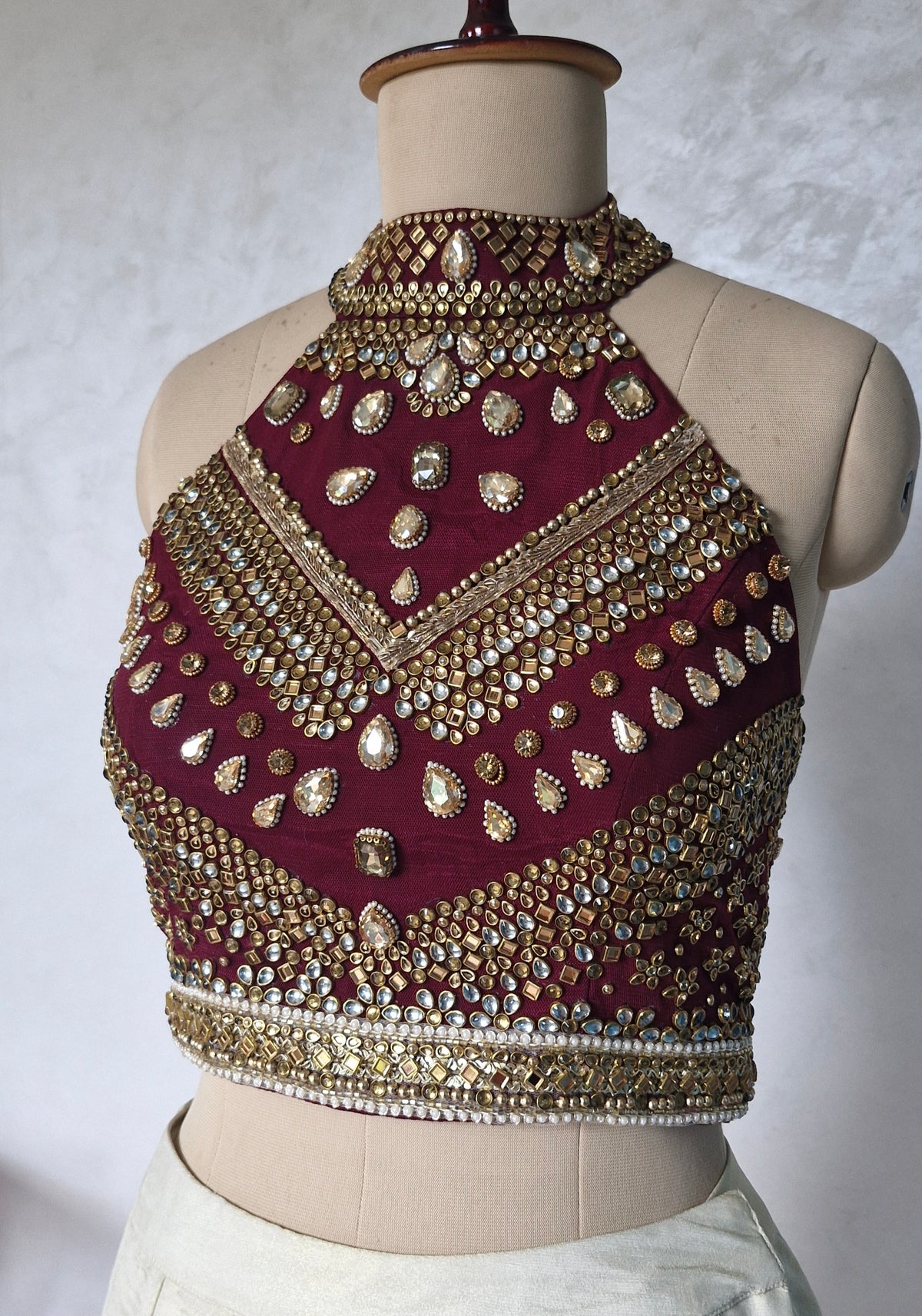 Wine Hand Embroidered Bejeweled Blouse, Kundan Embellished, Halter Neck DVBL_531