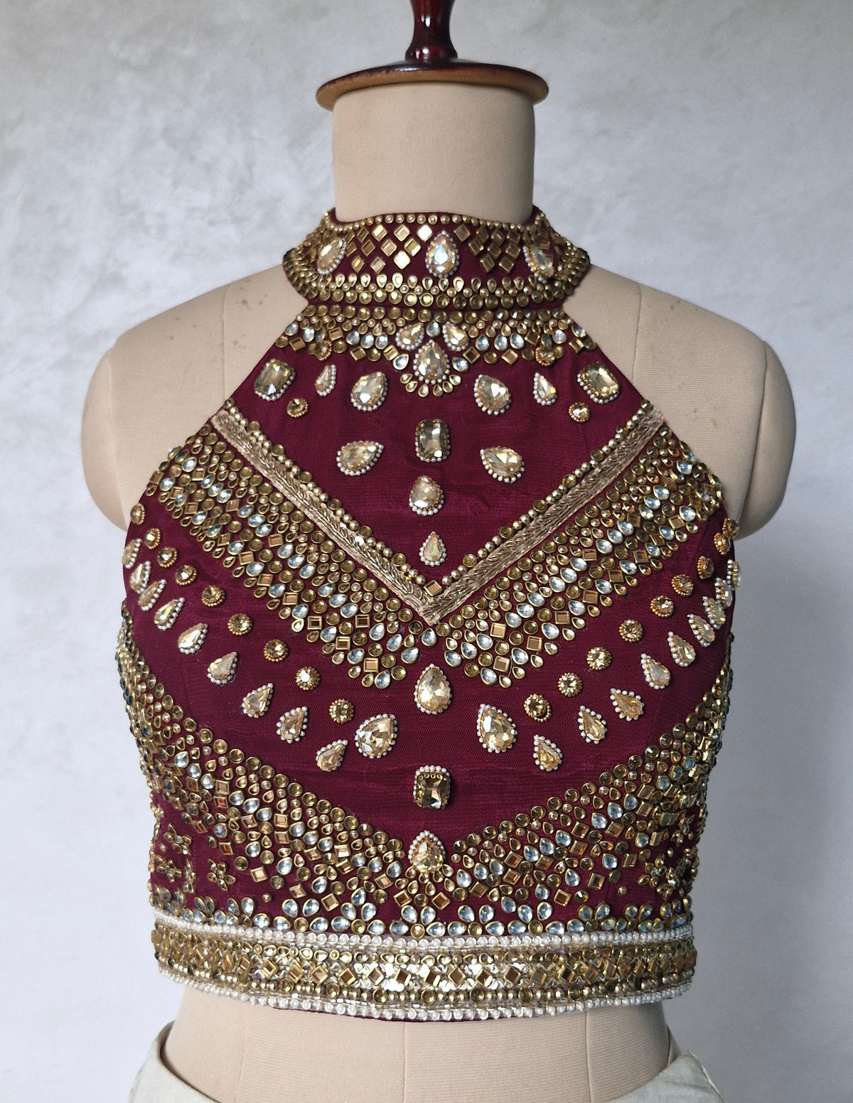 Wine Hand Embroidered Bejeweled Blouse, Kundan Embellished, Halter Neck DVBL_531