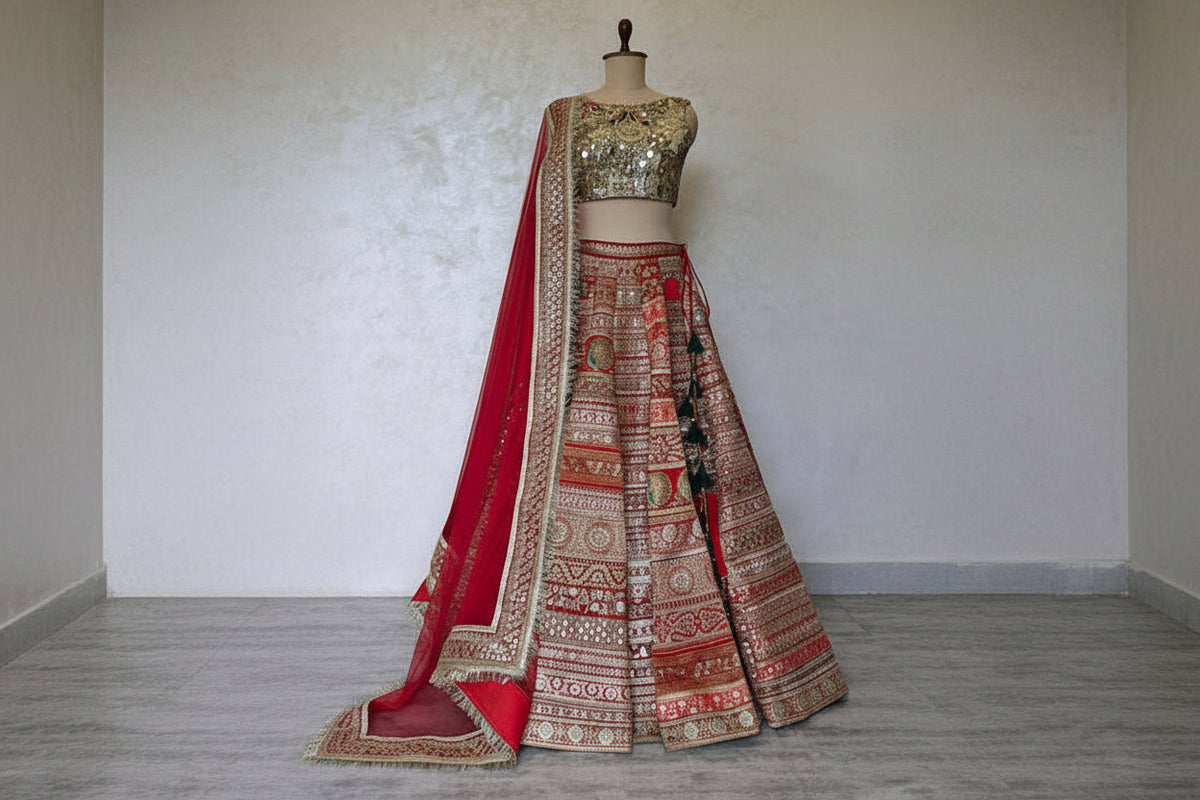 Red Embroidered Embellished Bridal Lehenga Choli DVMTD_0308
