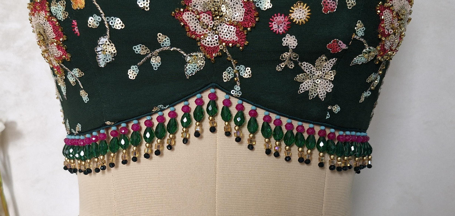 Bottle Green Embroidered Sweetheart Neck Blouse DVBL_441.