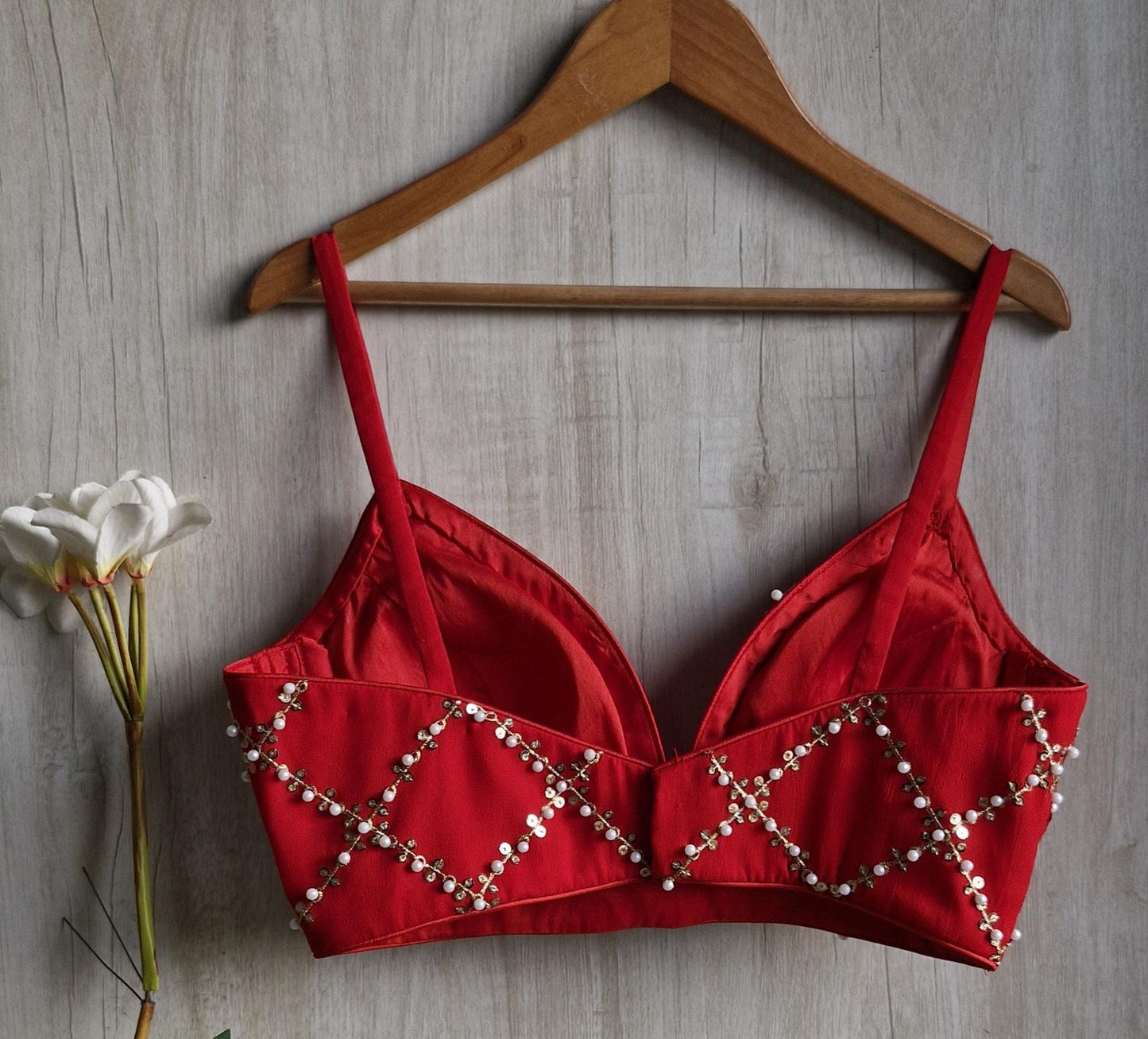 Beads and Sequins Embroidered Red Spaghetti Blouse DVBL_438