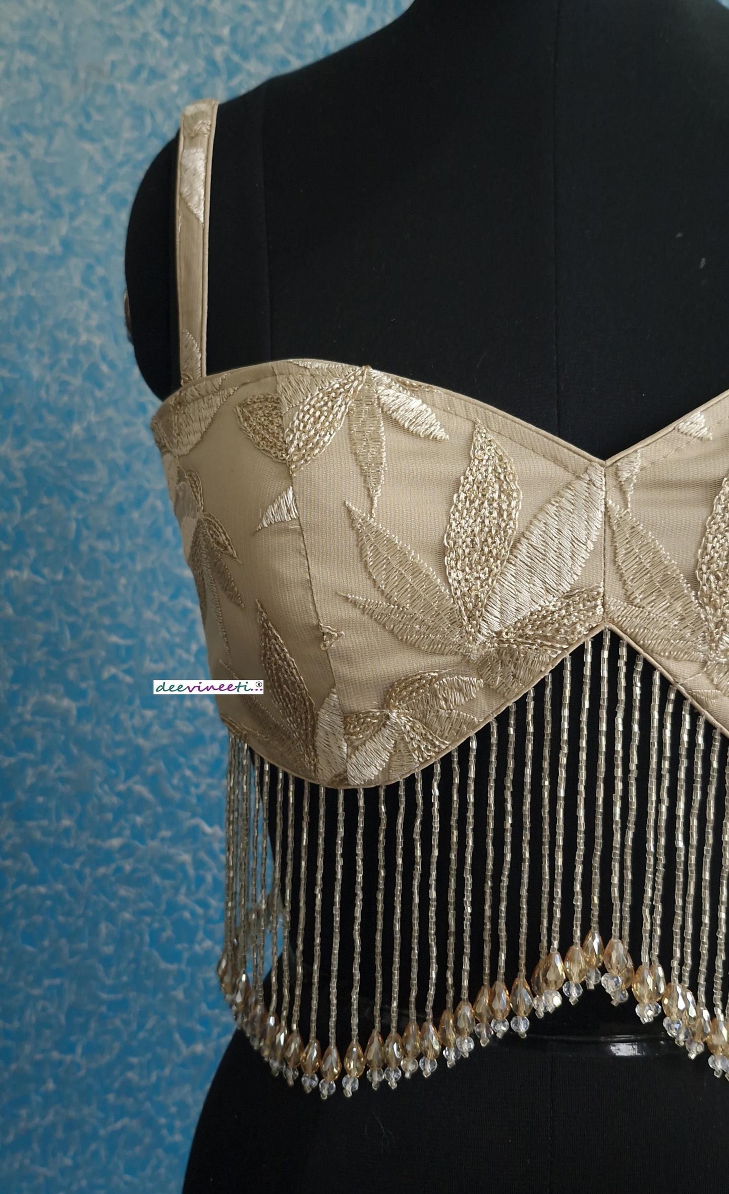 Beige Embroidered Net Spaghetti Blouse with Beads Fringes DVBL_389