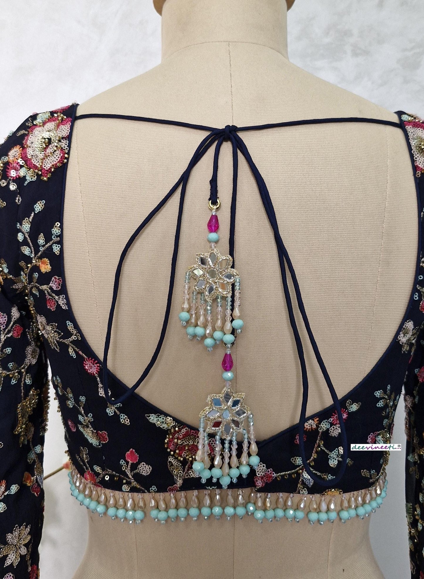 Deep Blue Embroidered Semi Sweetheart Neck Blouse DVBL_401