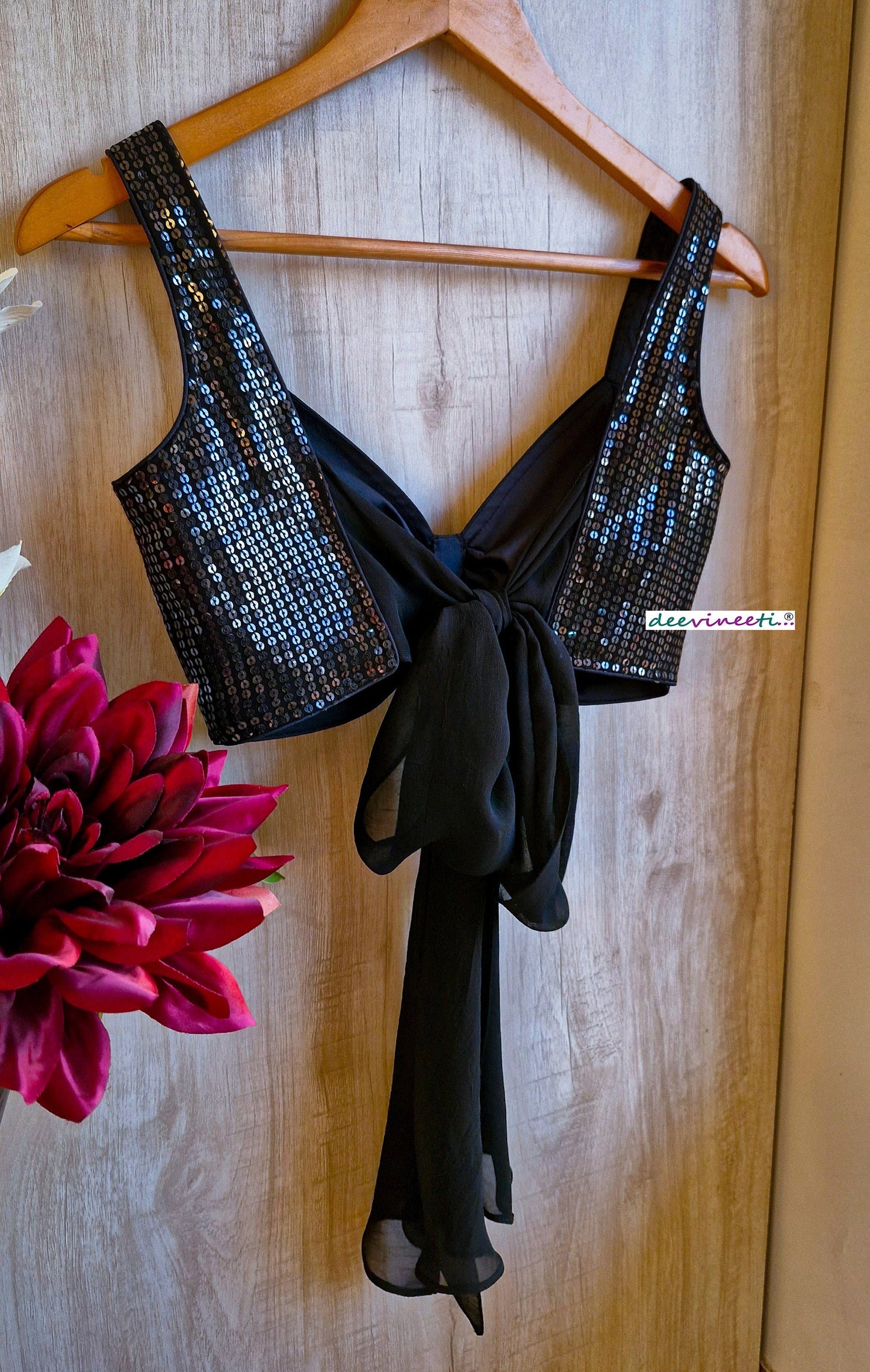 Black Sequins Embroidered Sweetheart Neck Tie Blouse DVBL_341