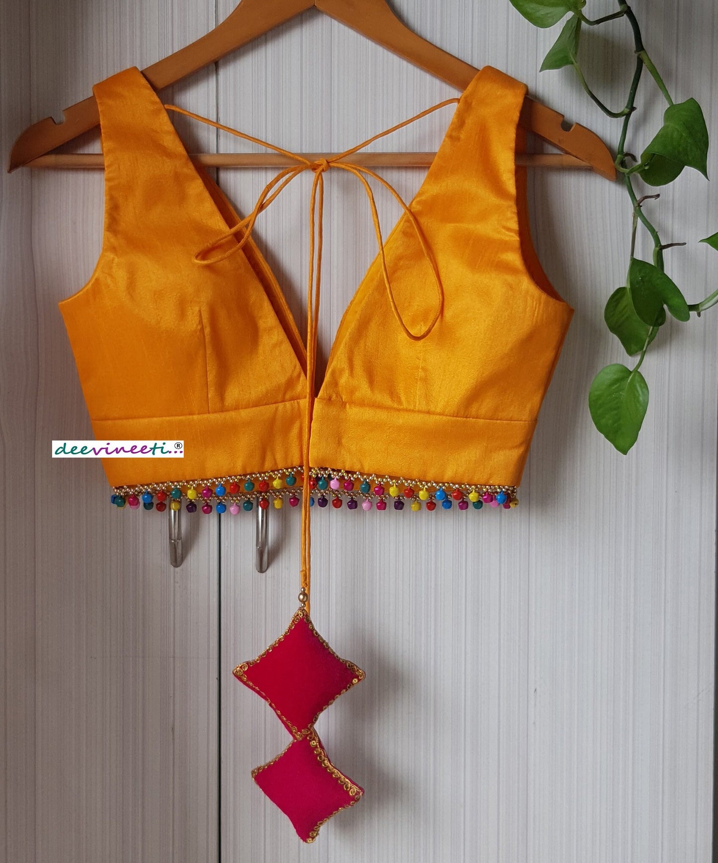 Amber Yellow Raw Silk Plunge Neckline Blouse with Multicolor Fringes DVBL_261