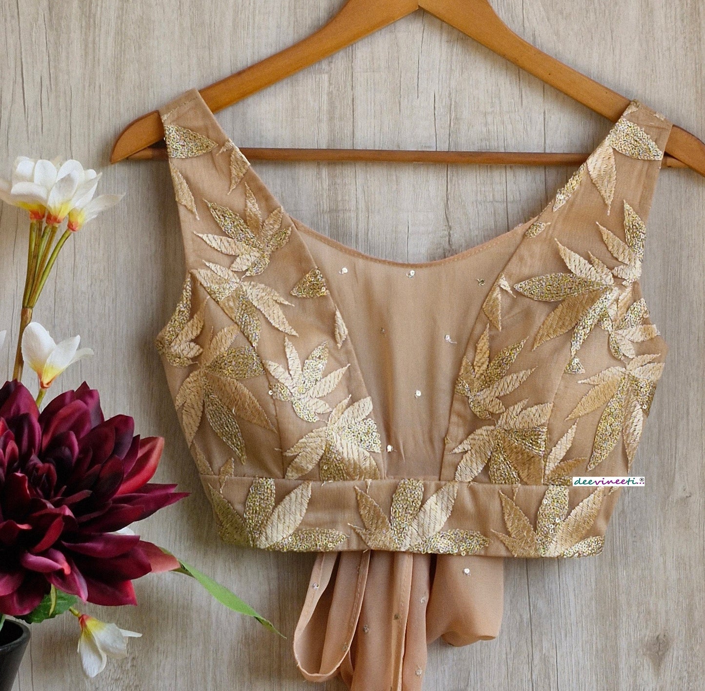 Embroidered Beige Boat Neck Tie Blouse DVBL_346.