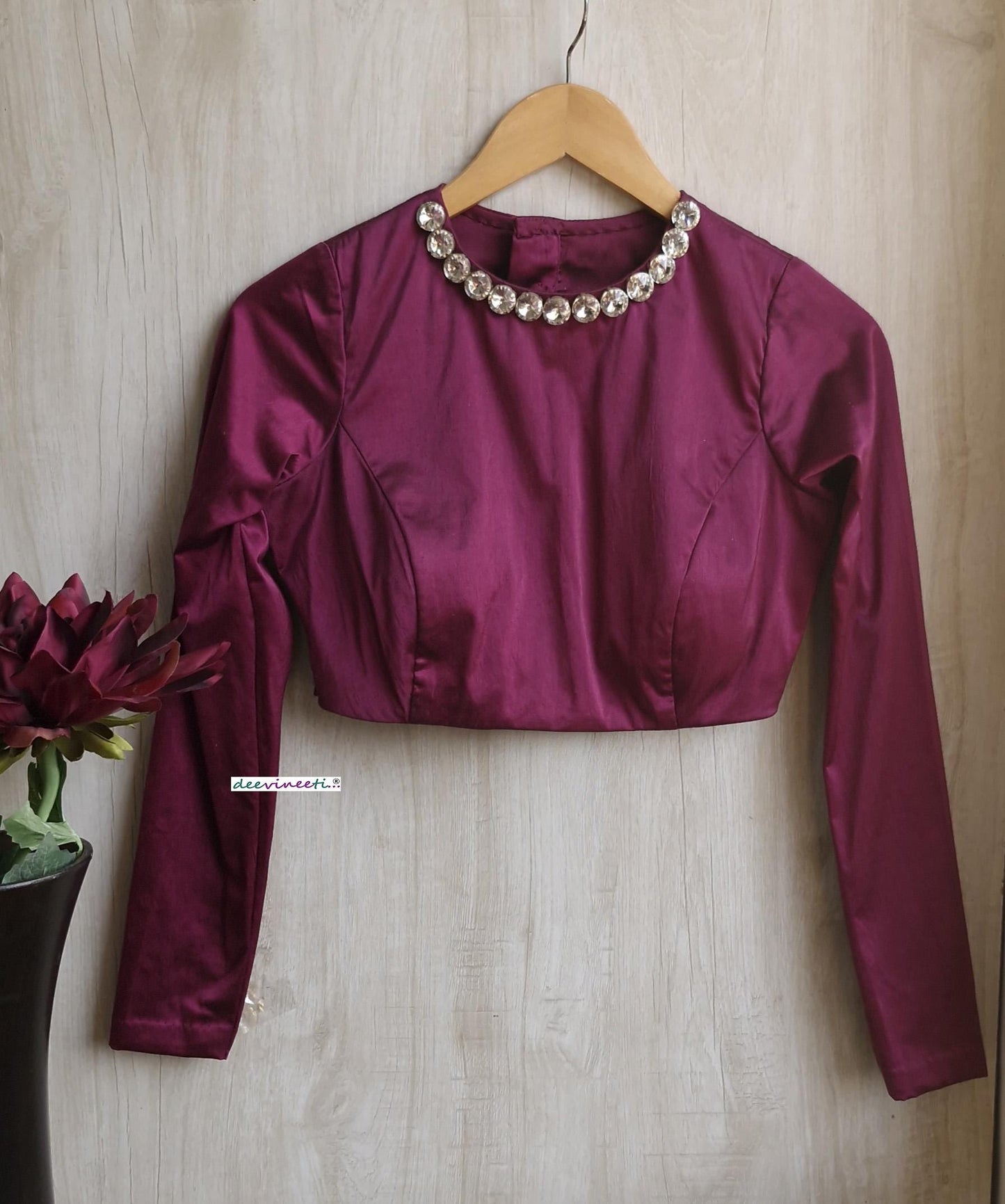Purple Wine Lycra Satin Jewel Neck Blouse DVBL_391