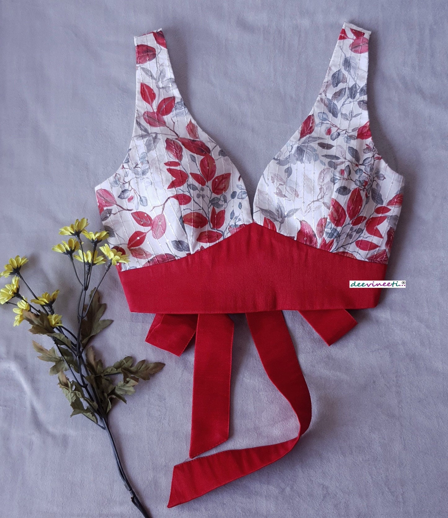 Floral Print Off White and Red Tie Blouse  DVBL_180
