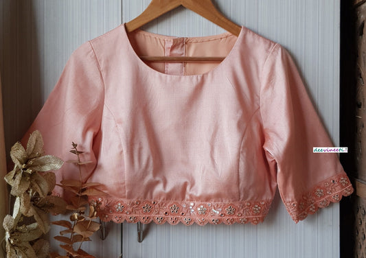 Peach Cotton Silk Jewel Neck Blouse DVBL_174