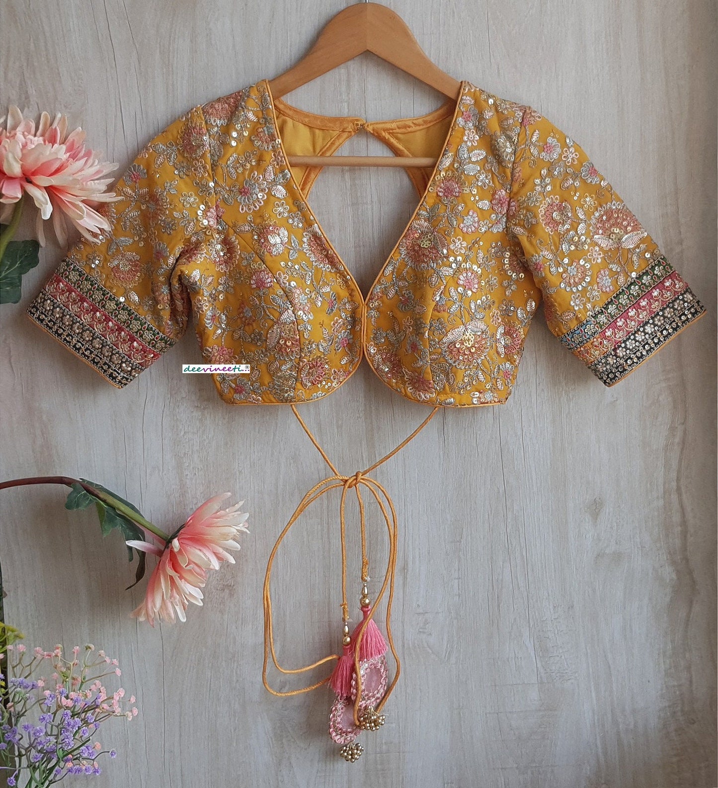 Yellow Embroidered V Neck Elbow Sleeves Blouse DVBL_301