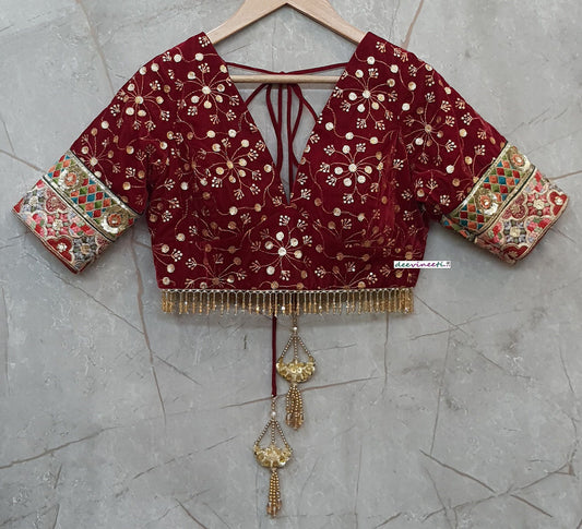 Maroon Embroidered Velvet Deep V Neck Blouse DVBL_200