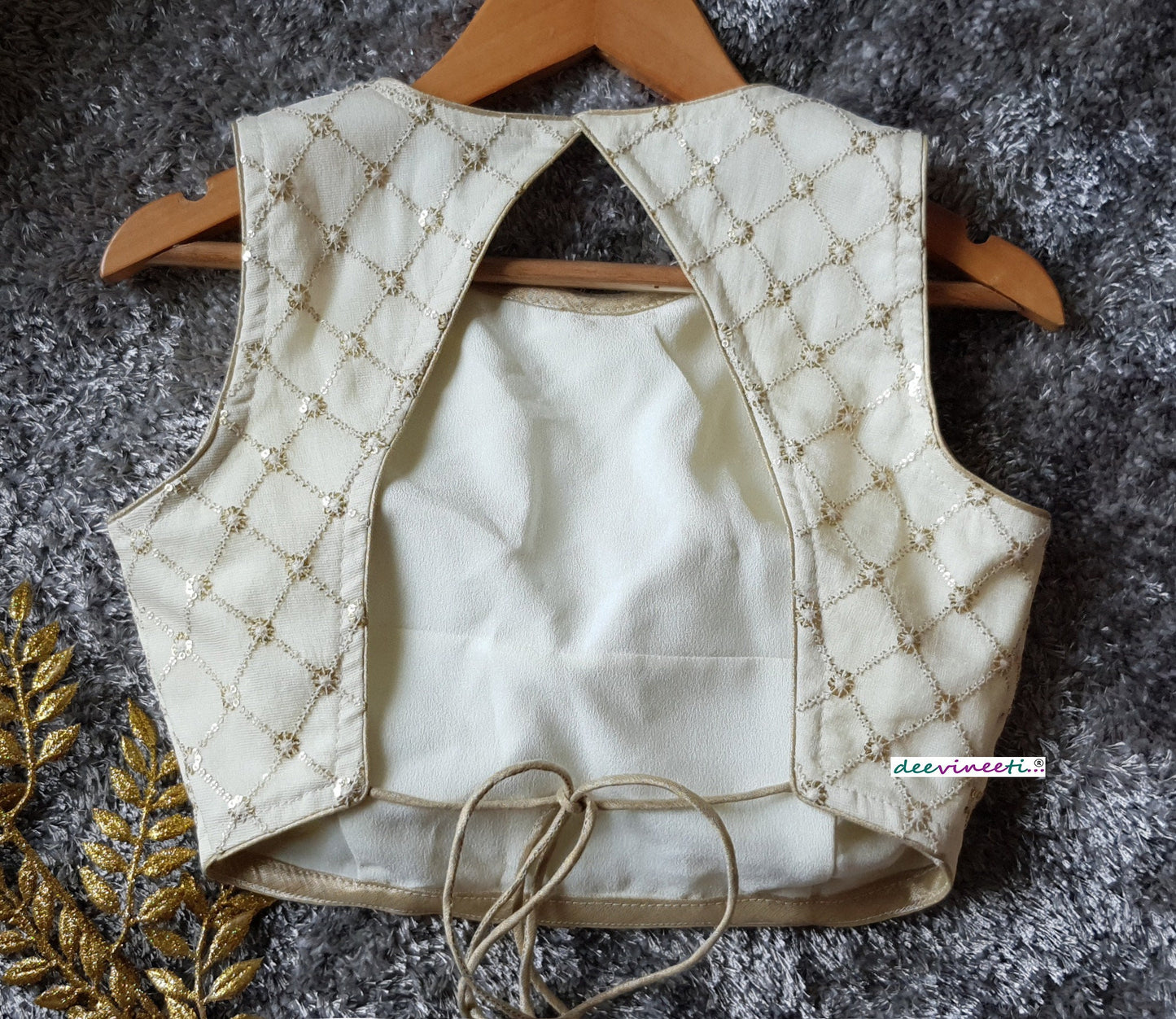 Cream Jute Silk Jewel Neck Backless Blouse DVBL_211