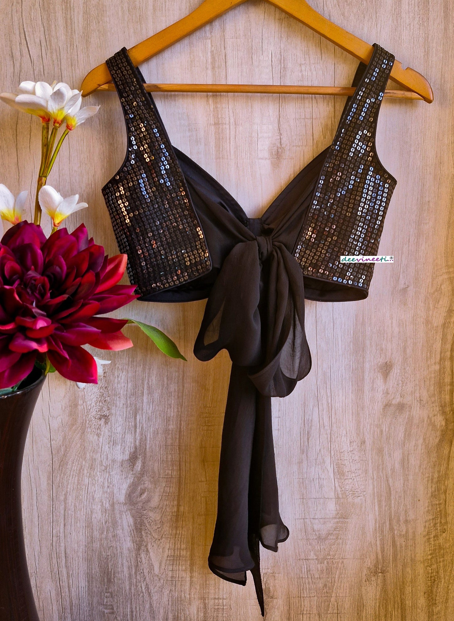 Black Sequins Embroidered Sweetheart Neck Tie Blouse DVBL_341