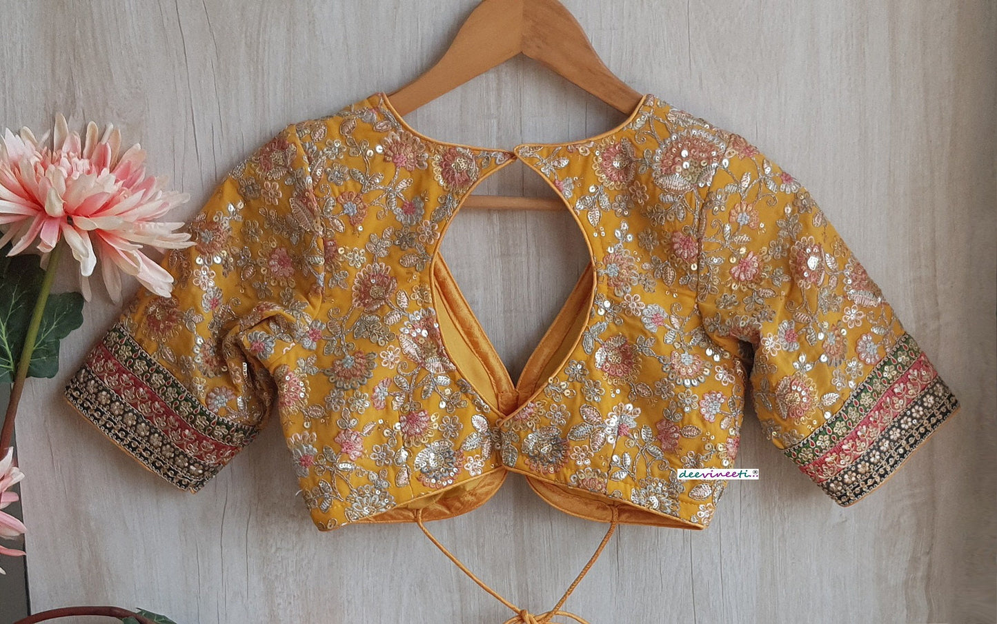 Yellow Embroidered V Neck Elbow Sleeves Blouse DVBL_301