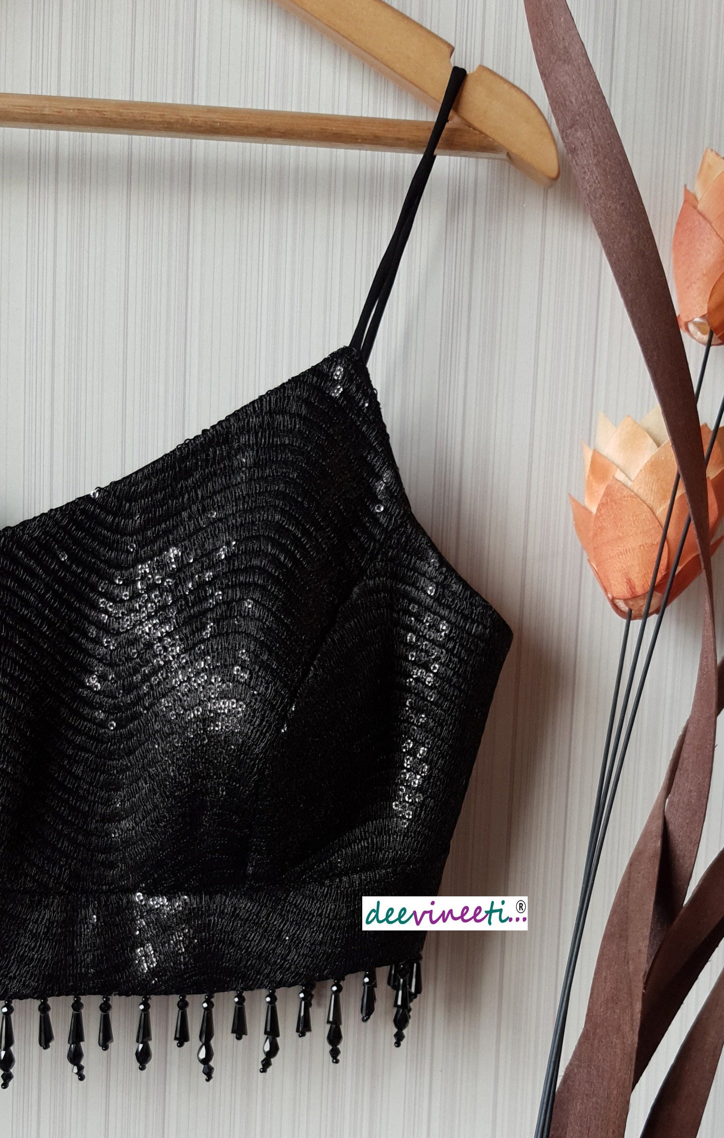 Black Sequins Embroidered Spaghetti Blouse DVBL_179