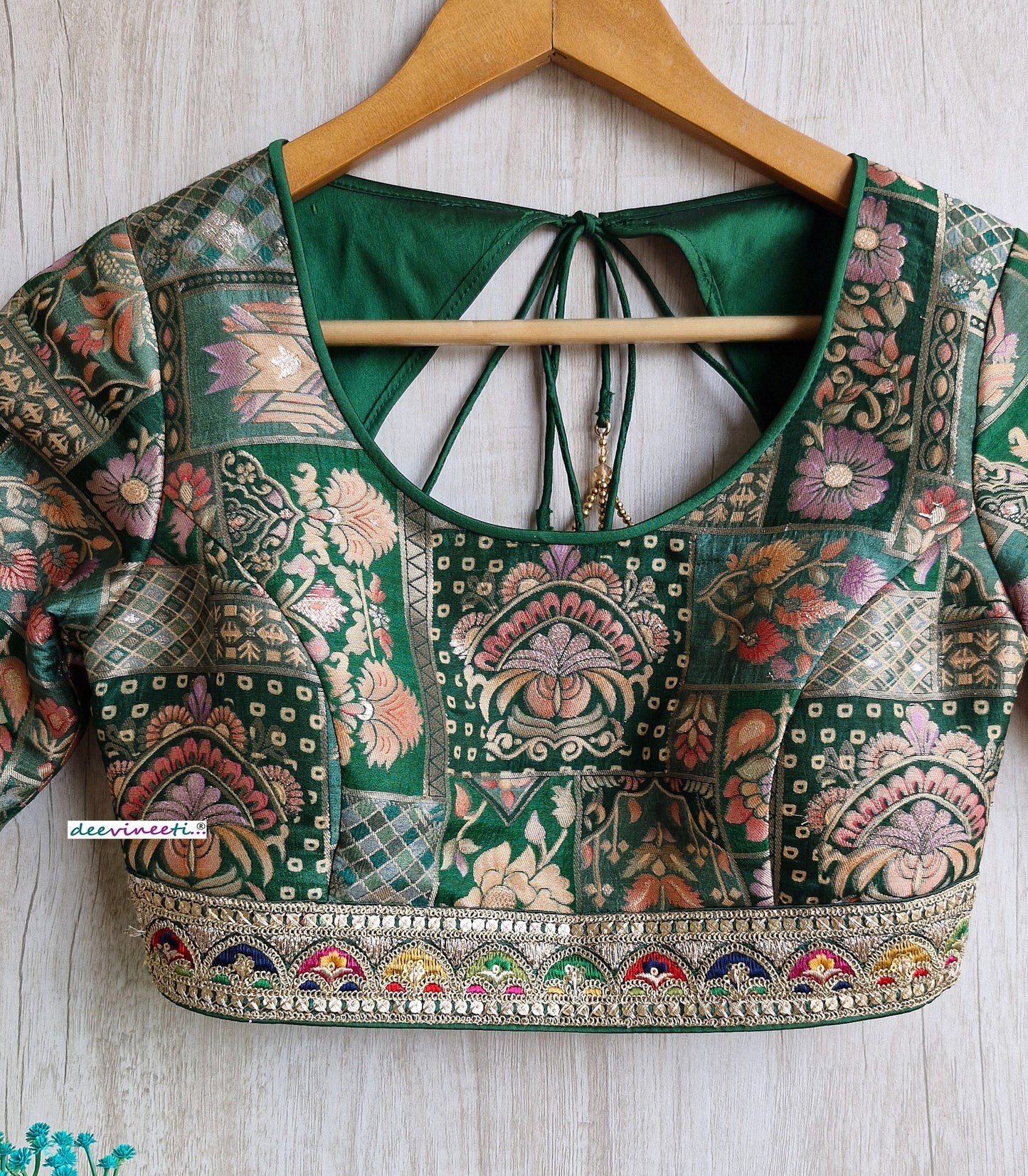 Green Jacquard Silk Round Scoop Neck Blouse DVBL_317