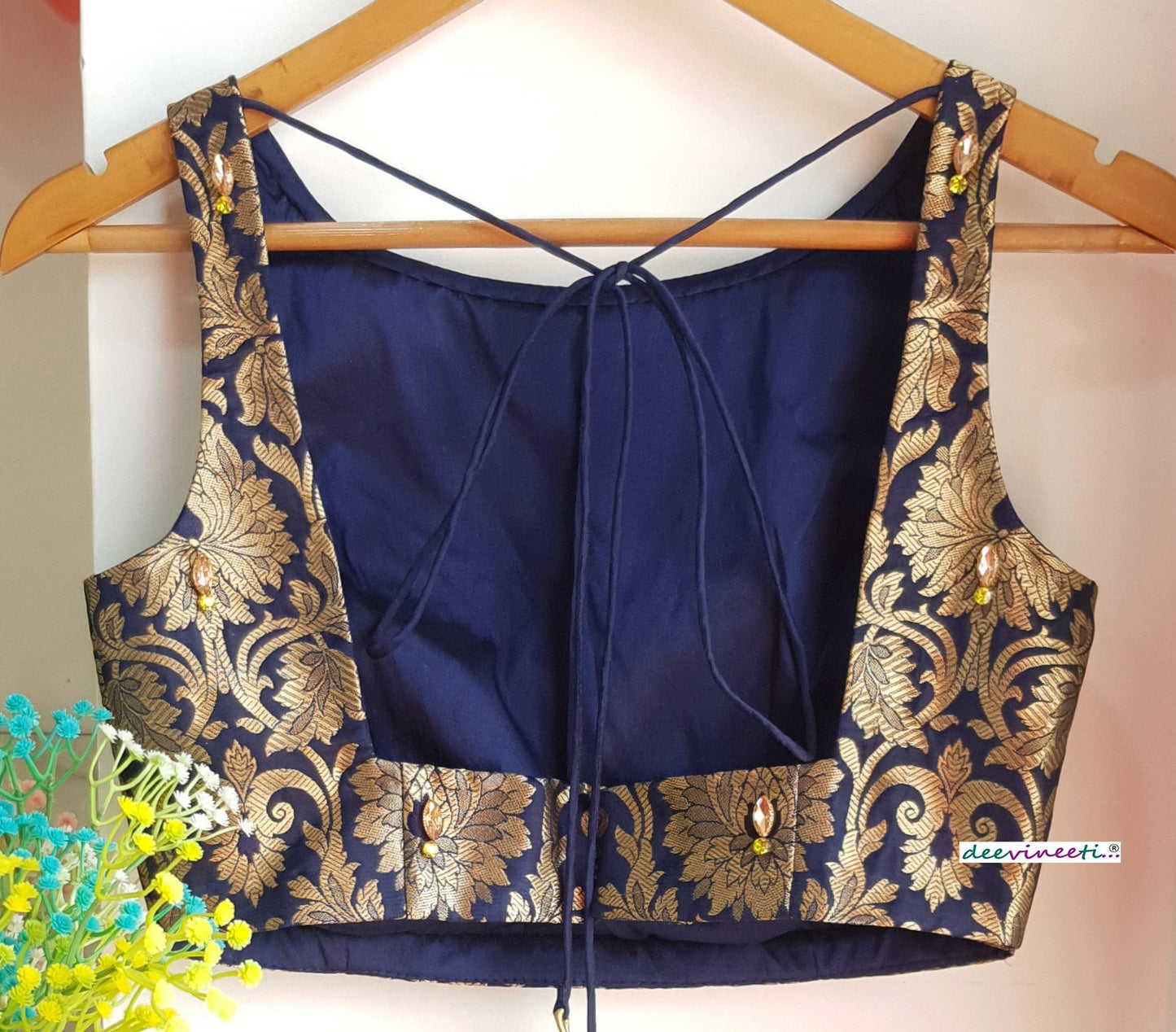 Deep Blue Brocade Blouse Sleeveless Boat Neck DVBL_127