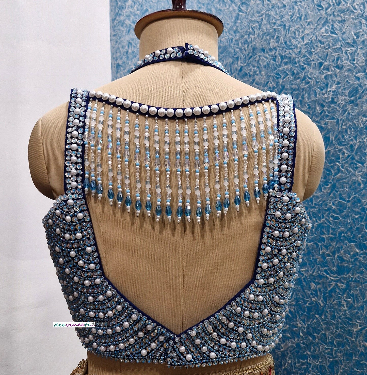 Beads and Sequins Hand Embroidered Blue Bustier Blouse DVBL_354