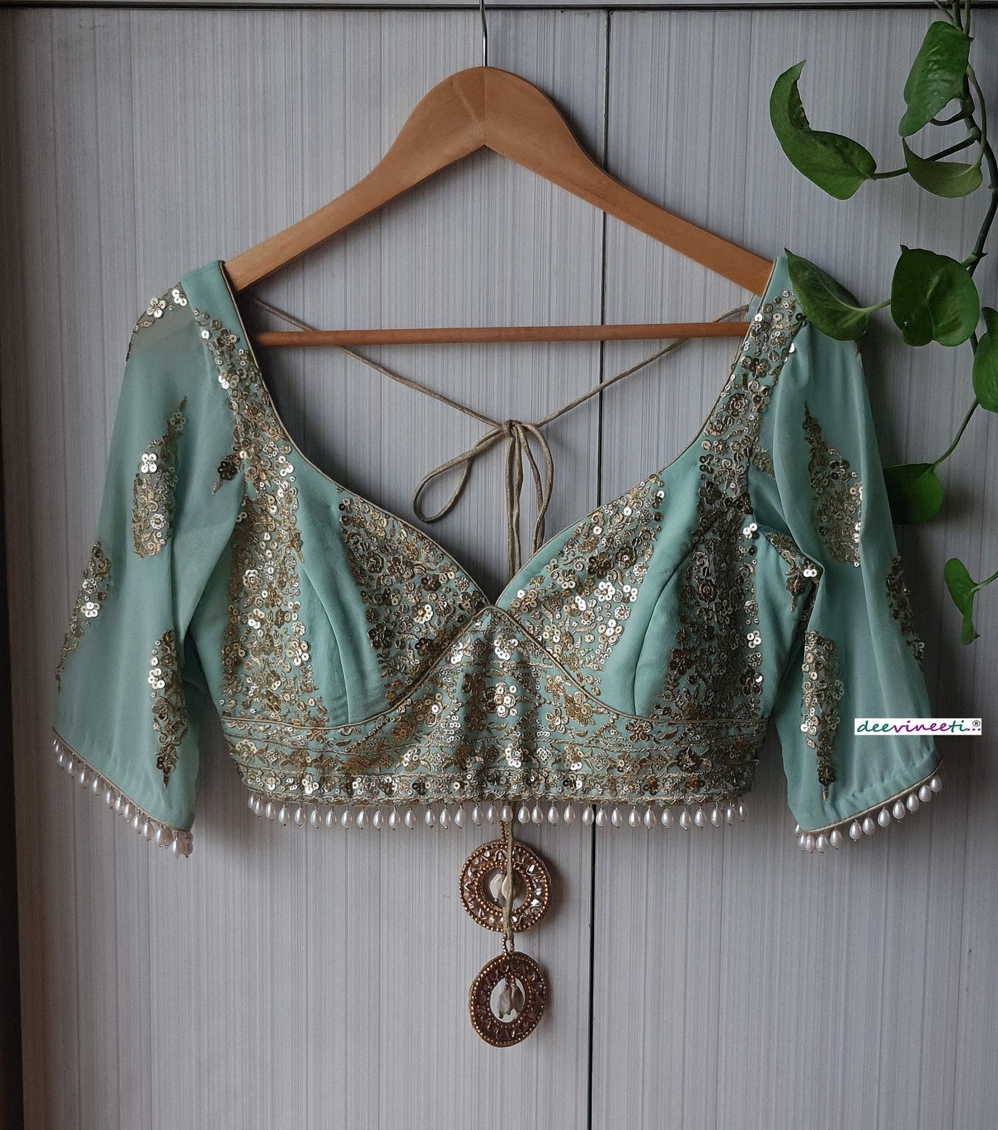 Sea Green Embroidered Sweetheart Neck Blouse DVBL_258