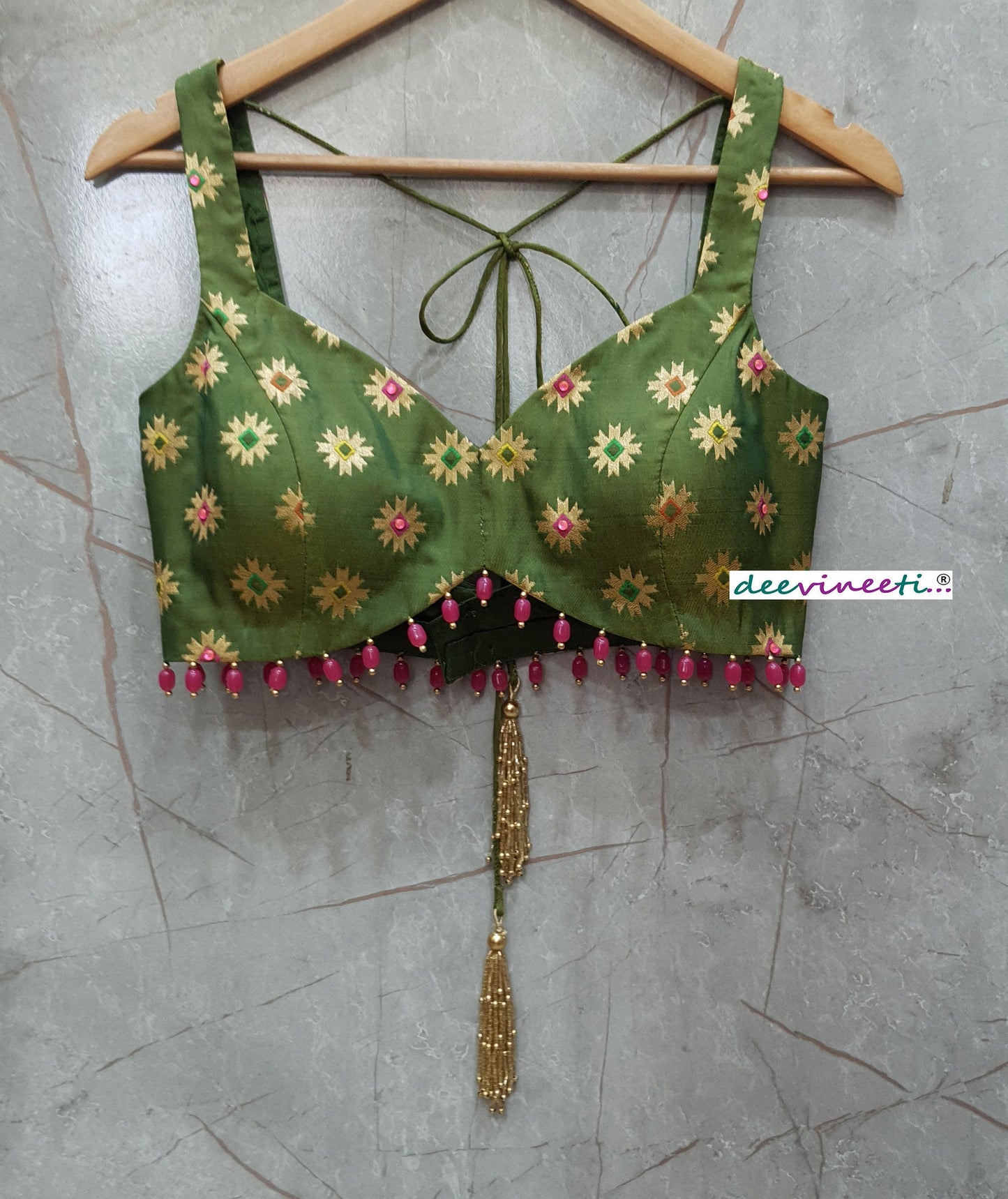 Green Brocade Silk Deep Sweetheart Neck Blouse DVBL_260