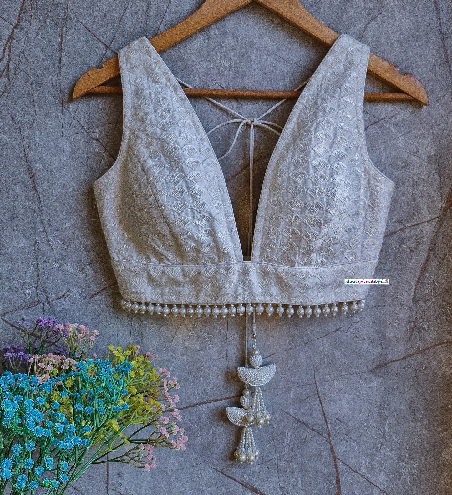 Ivory Embroidered Chanderi Plunge Neckline Blouse DVBL_331