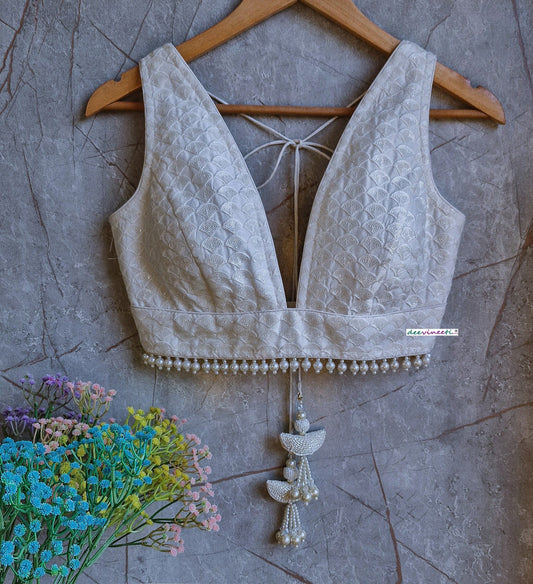 Ivory Embroidered Chanderi Plunge Neckline Blouse DVBL_331