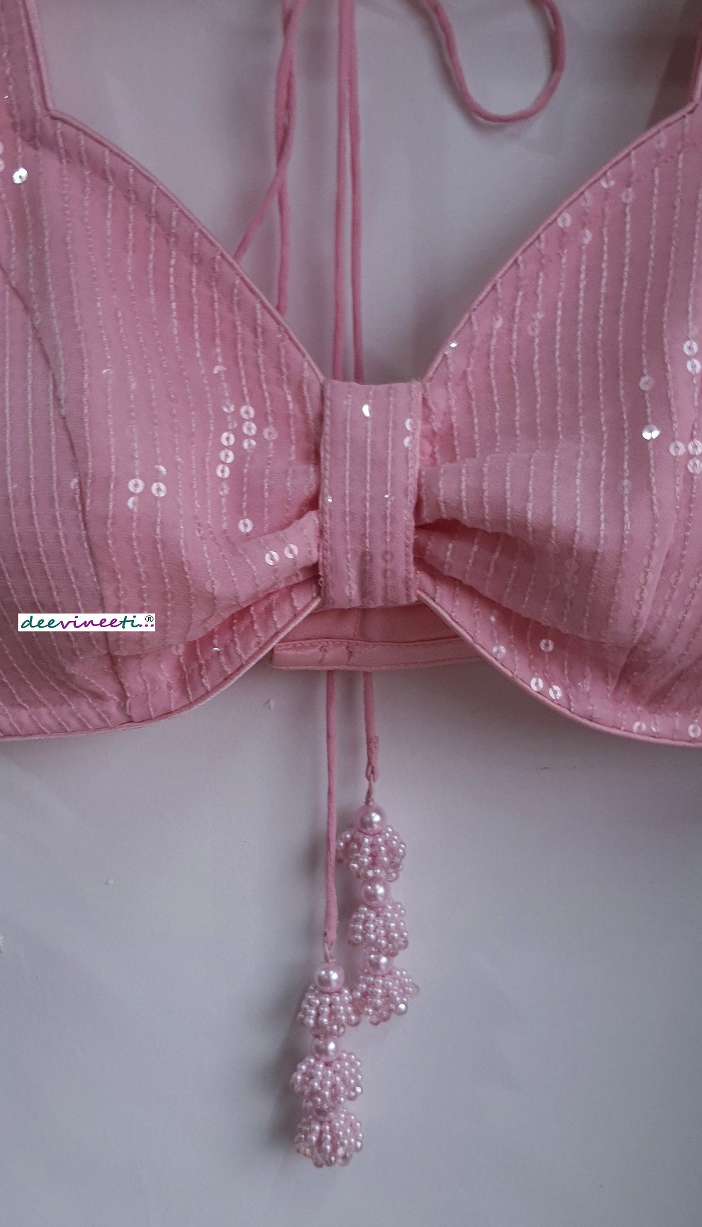 Sequins Embroidered  Pink  Sweetheart Neck Blouse DVBL_288