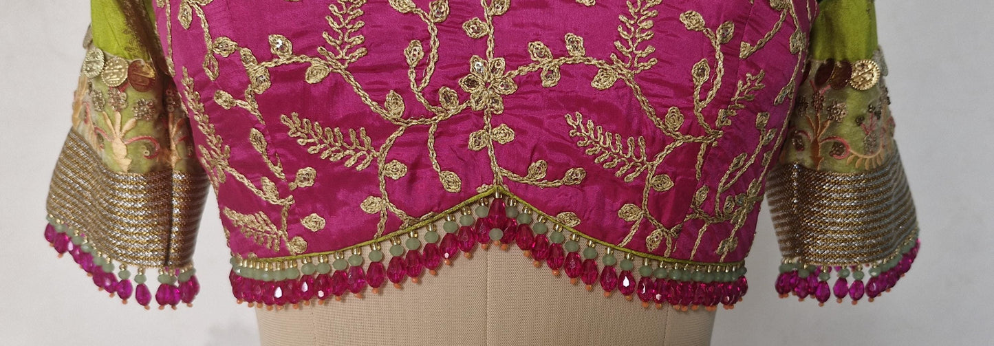 Embroidered Silk Pink and Lime Green Blouse DVBL_455