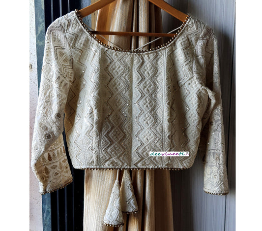 Ivory Chikankari Lucknowi Boat Neck. Blouse DVBL_058