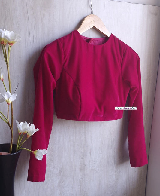 Bright Pink Velvet Jewel Neck Blouse DVBL_393