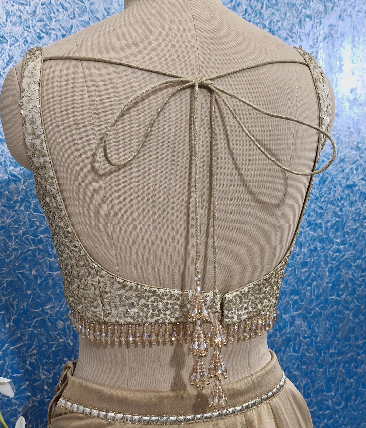 Light Gold Sequins Tissue Silk Sweetheart Neck Blouse DVBL_435