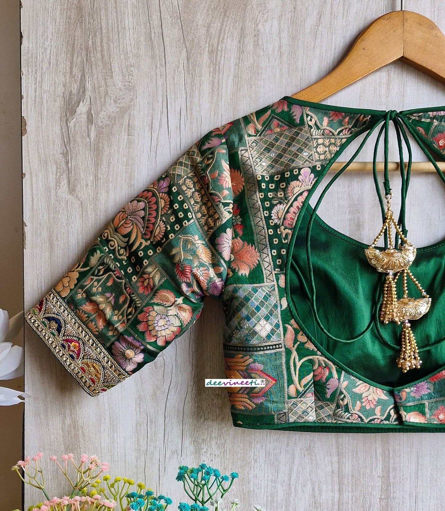 Green Jacquard Silk Round Scoop Neck Blouse DVBL_317