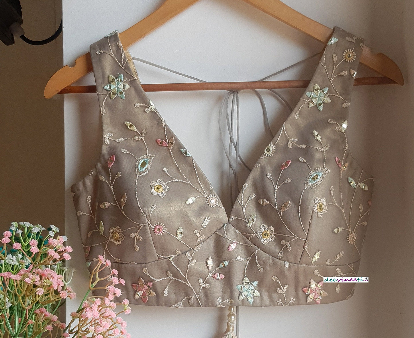 Grey with Gold Tint Embroidered Blouse DVBL_286