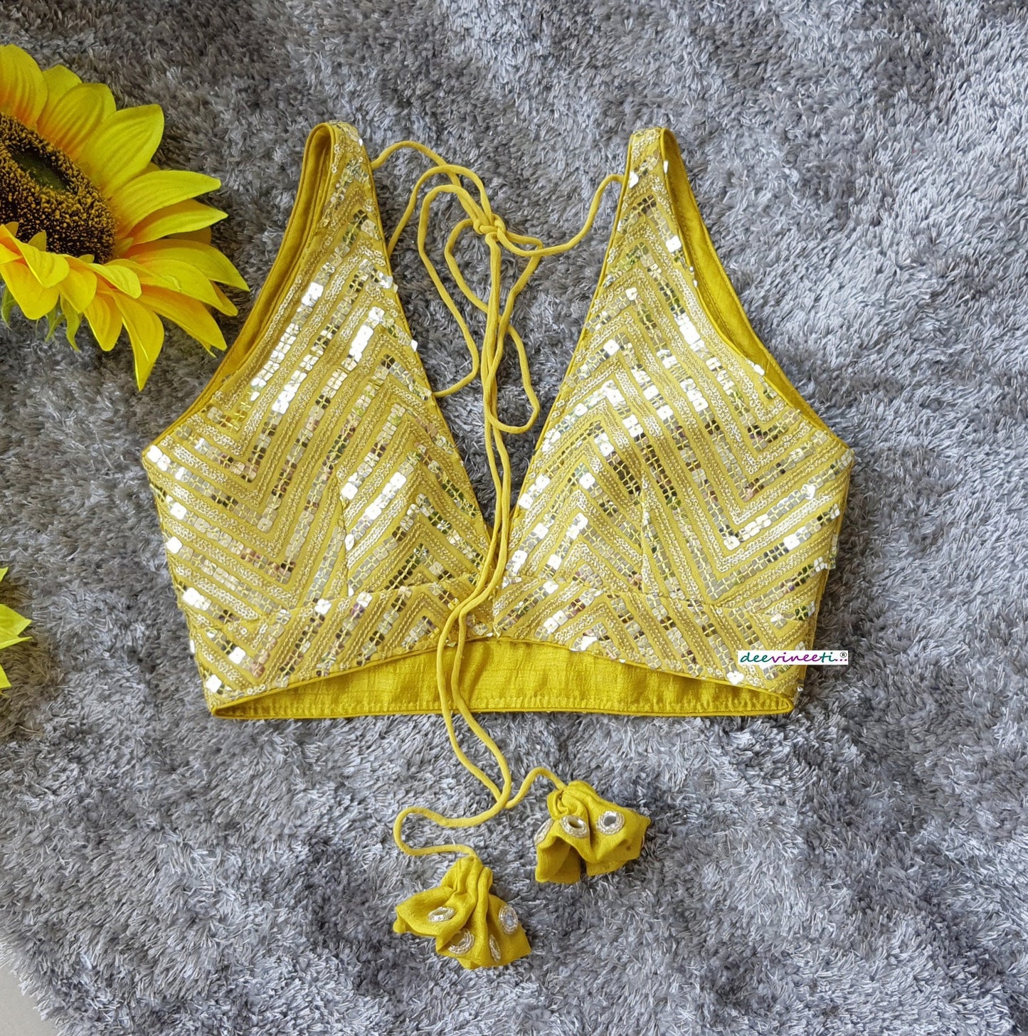 Yellow Sequins Embroidered Blouse Deep V Neck Blouse DVBL_217