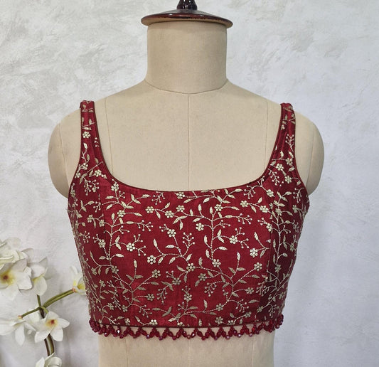 Maroon Embroidered Silk Scoop Neck Blouse DVBL_412